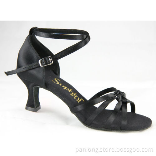 Suphini Black Satin Flexible Multi Strap Latin Dance Shoes